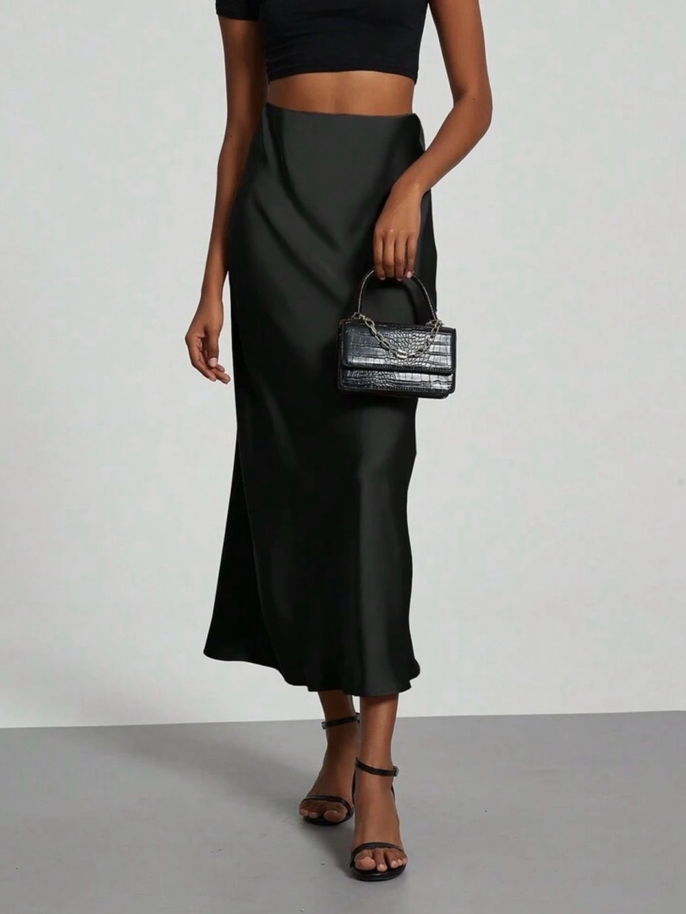Satin Black Bias-Cut Maxi Skirt